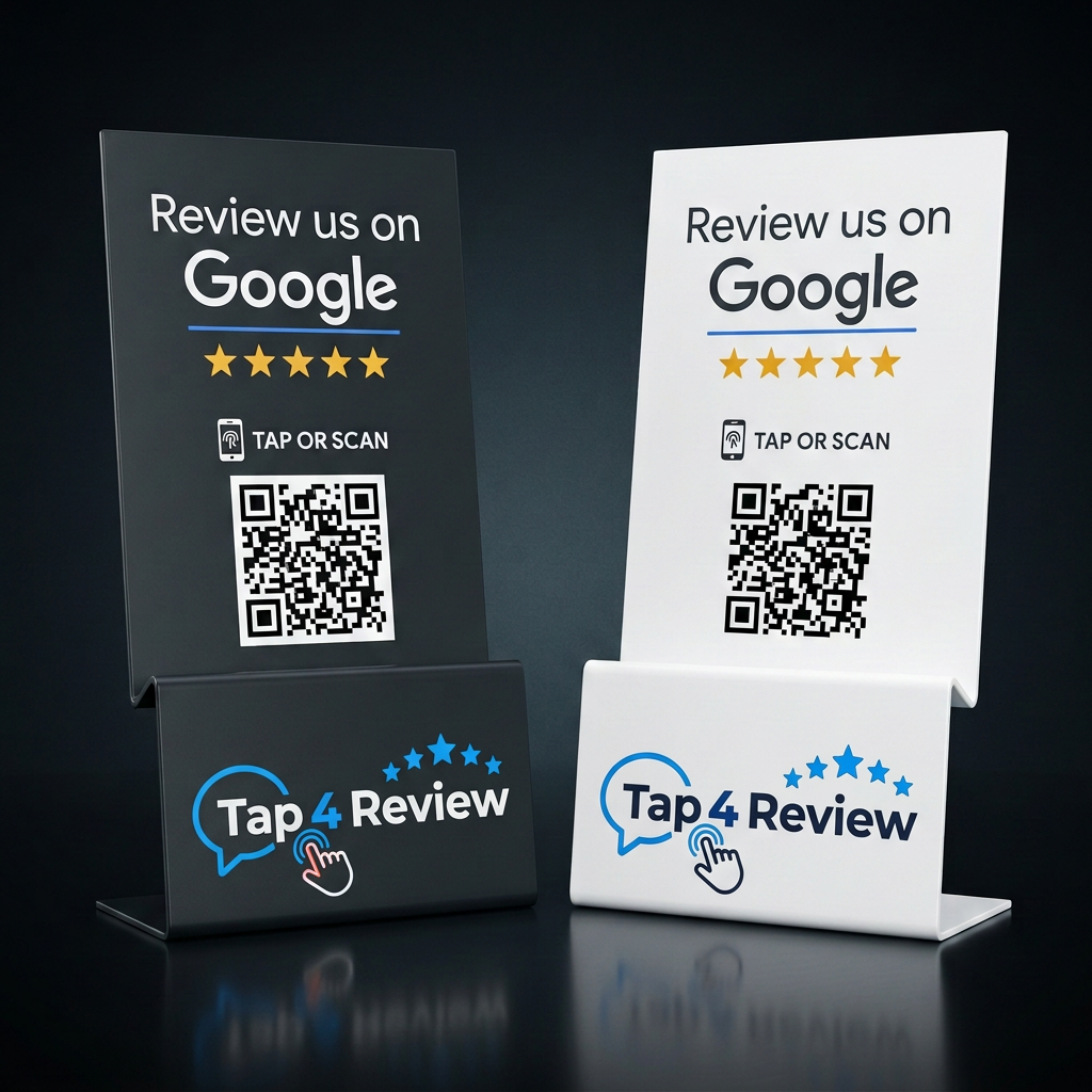 Black and white Tap4Review tap stands reading Review us on Google with QR codes